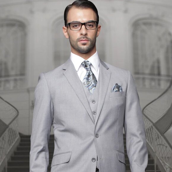 Mens Classic Fit Pleated Pant 2 Button Wool Suit in Grey - Picture 1 of 2
